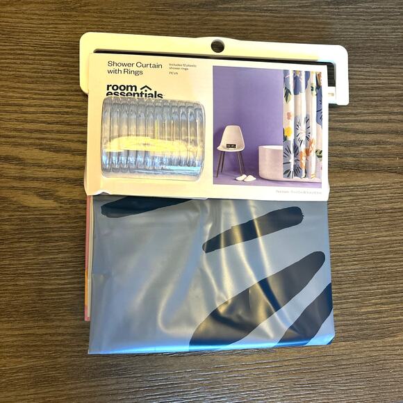 Room Essentials Shower Curtain With Rings Blue White Floral 13 Piece PEVA - Picture 2 of 7